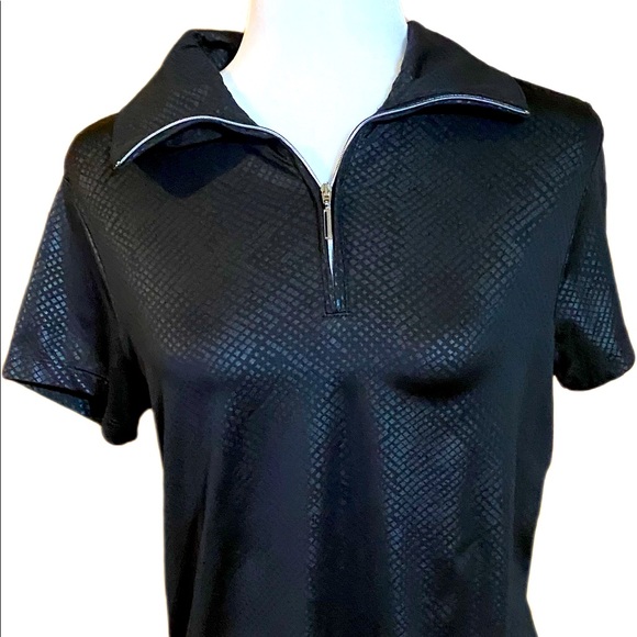Izod Black Embossed Geo Print Zip Polo Shirt - Picture 1 of 5